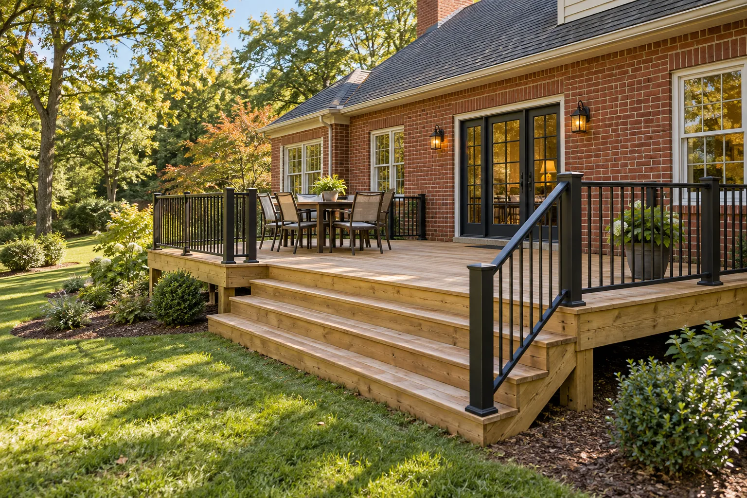 Illustrative natural wood deck with broad stairs beside a brick home and a gently sloping leafy yard