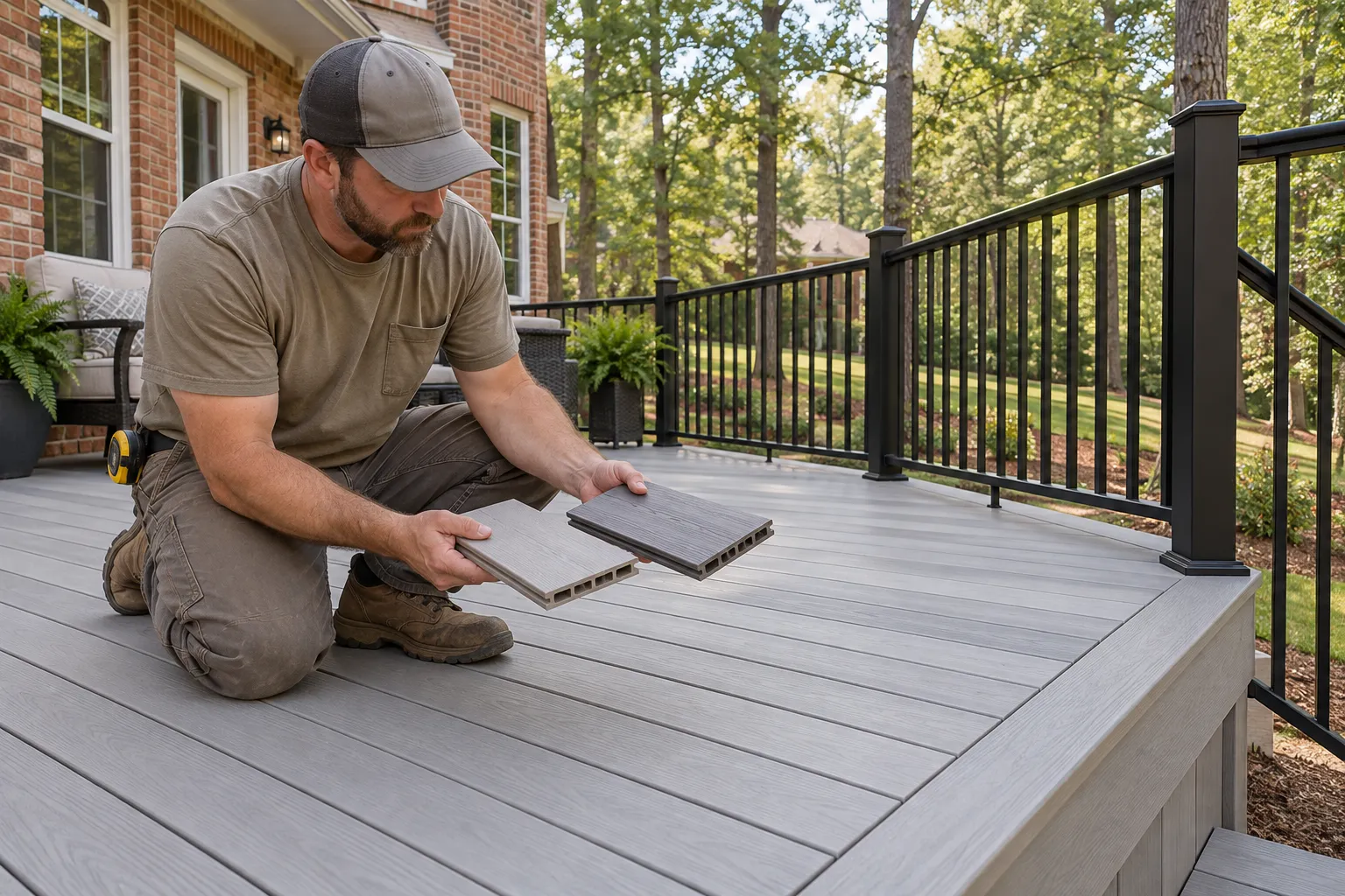 Illustrative carpenter comparing composite board samples on a deck beside a brick home