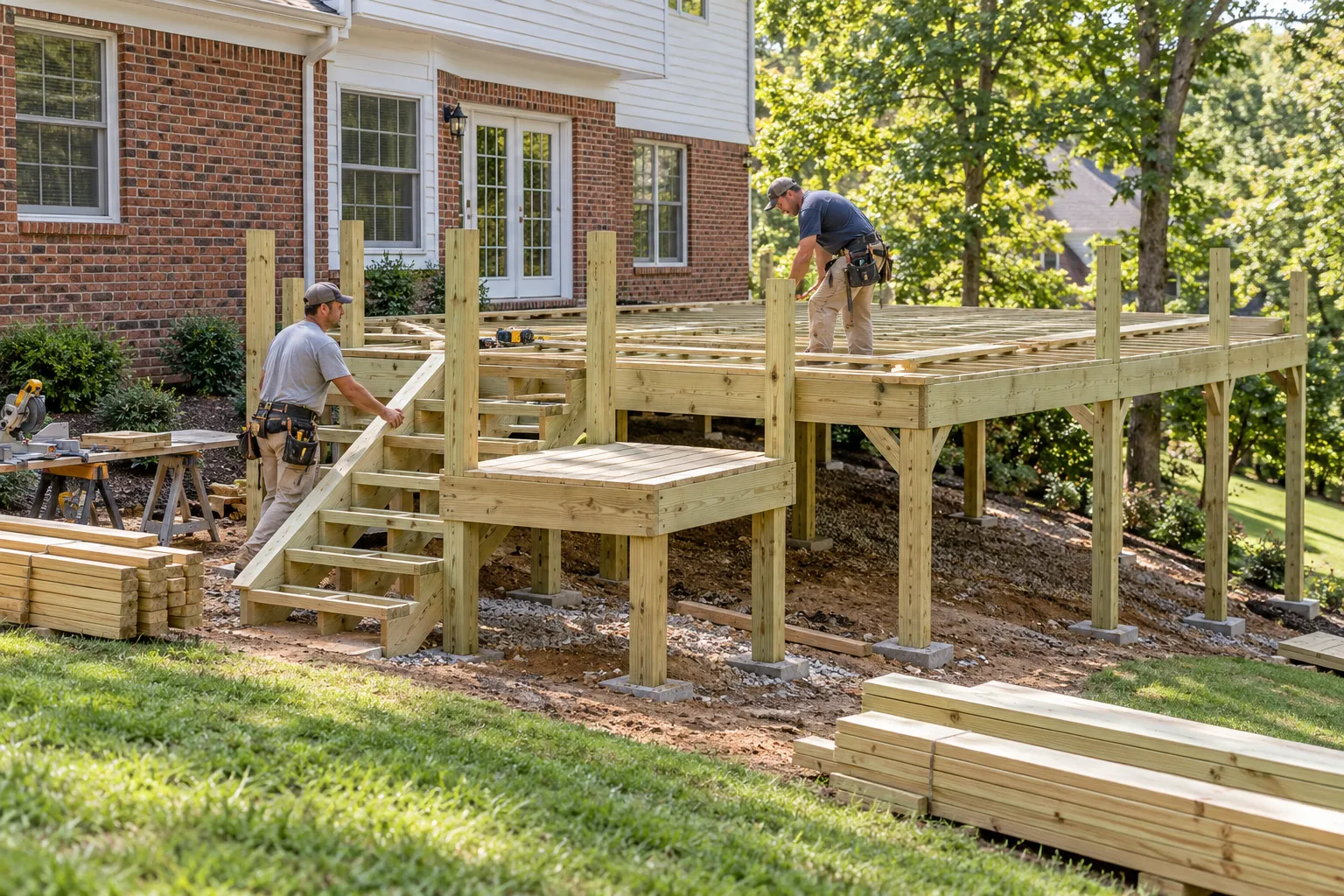 Illustrative carpenters checking the frame and stair layout of a new deck behind a brick home