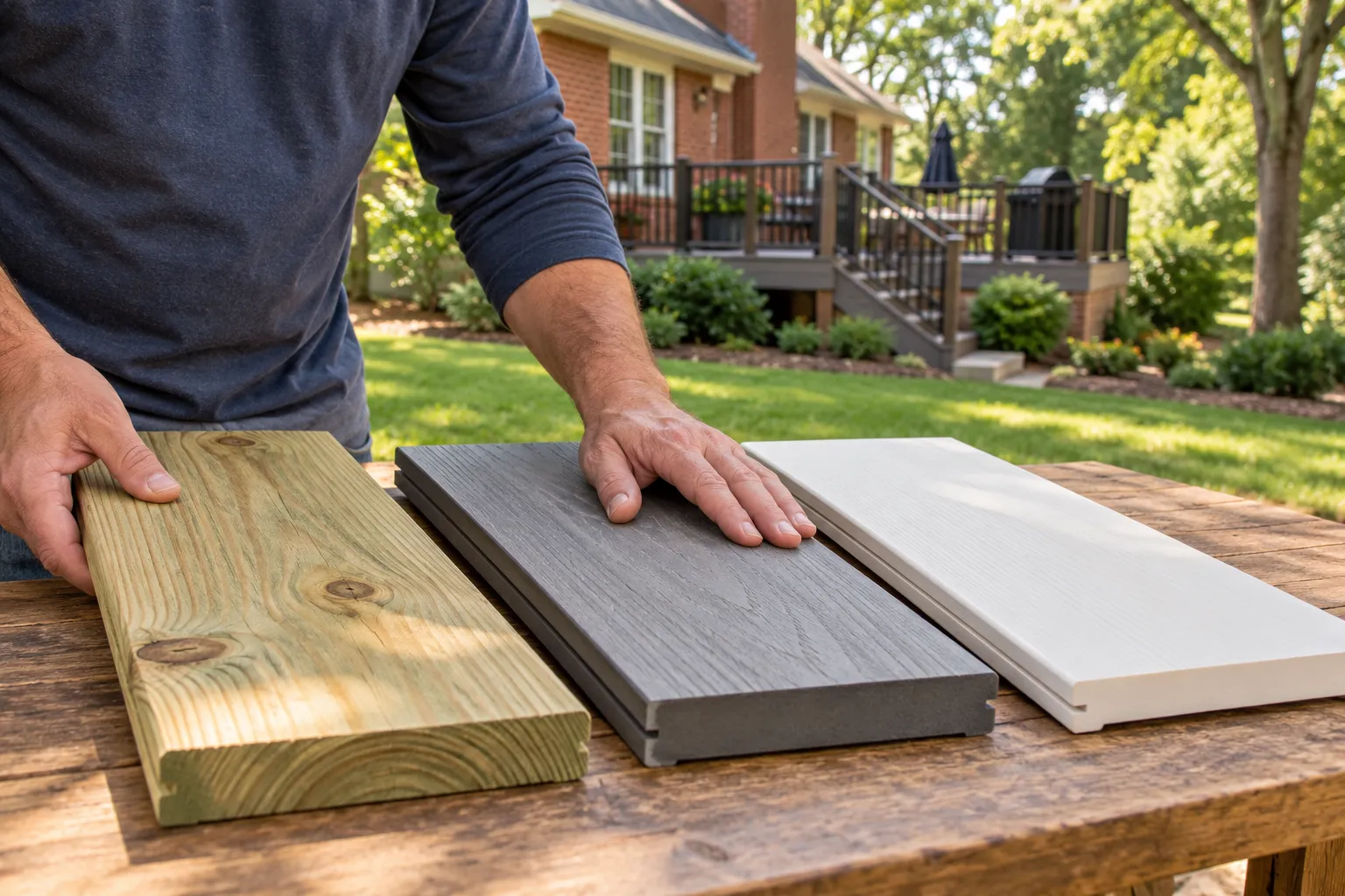 Illustrative comparison of wood, composite and PVC samples on a worktable