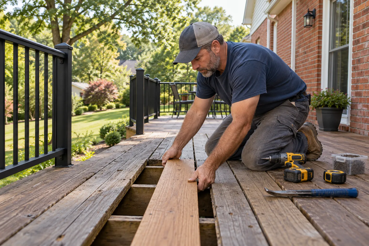 Illustrative carpenter replacing a damaged board in a wood deck