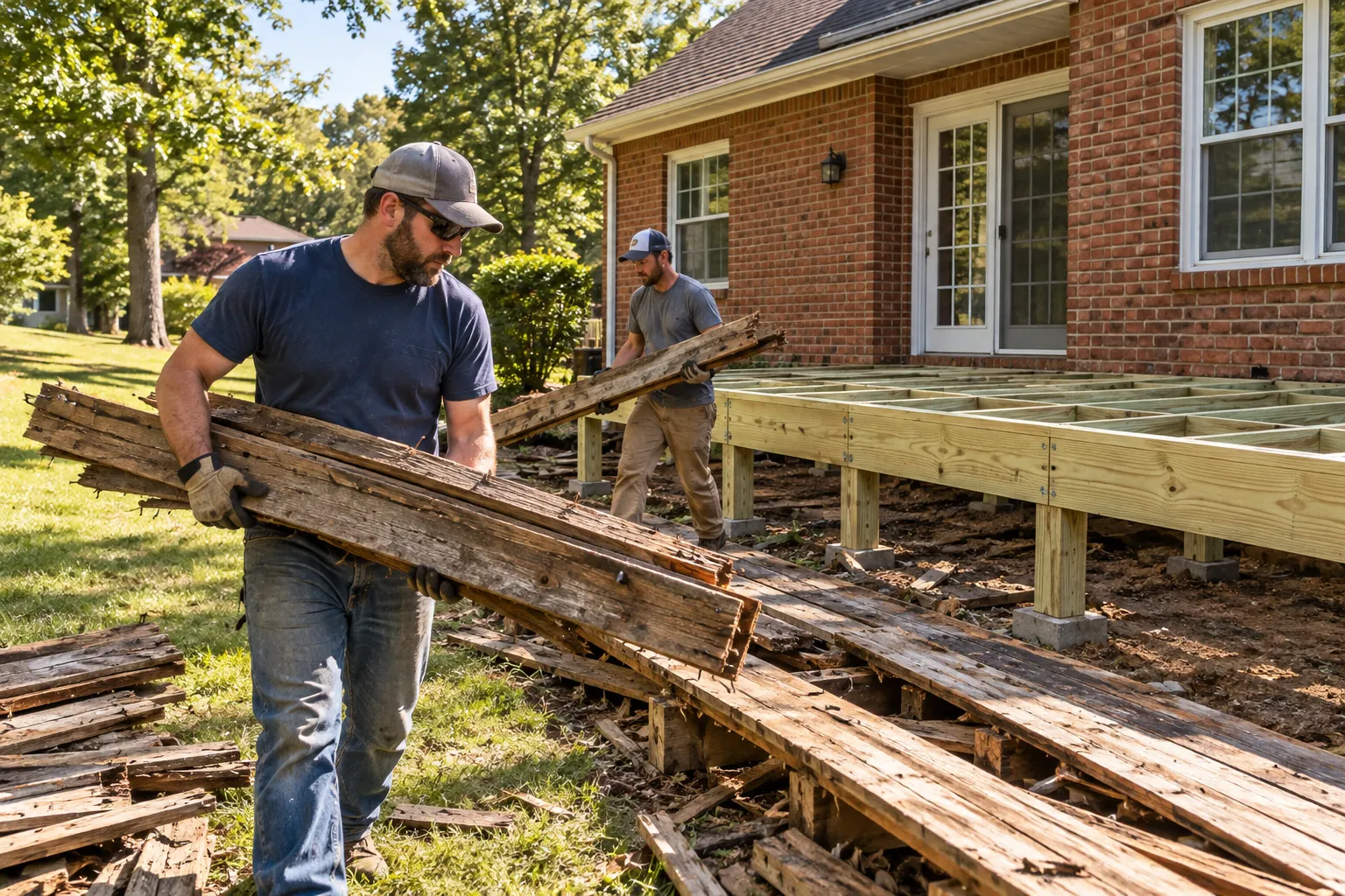 Illustrative workers carrying lumber beside a replacement deck frame
