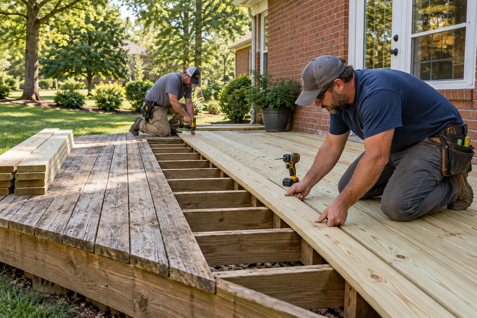 Illustrative installers aligning new boards over a deck frame
