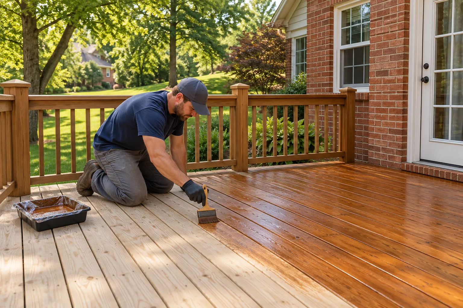 Illustrative contractor applying a finish to prepared wood decking