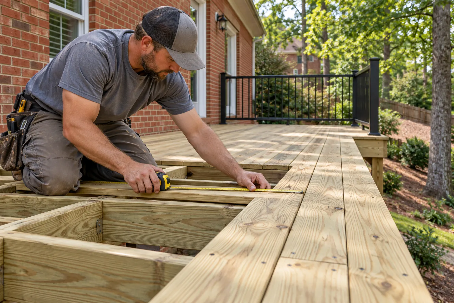 Illustrative carpenter measuring a pressure-treated wood board during deck construction